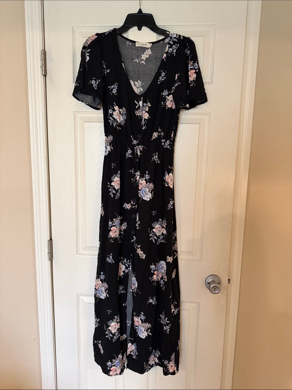 Black Floral V-Neck Maxi Dress with Pink and Blue Blooms